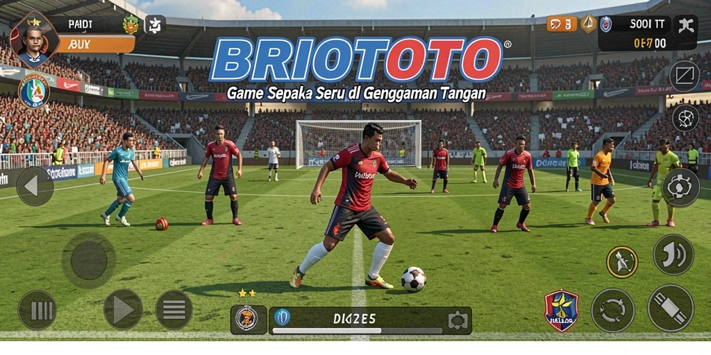 Tampilan gameplay BRIOTOTO yang menegangkan dengan aksi sepak bola seru.