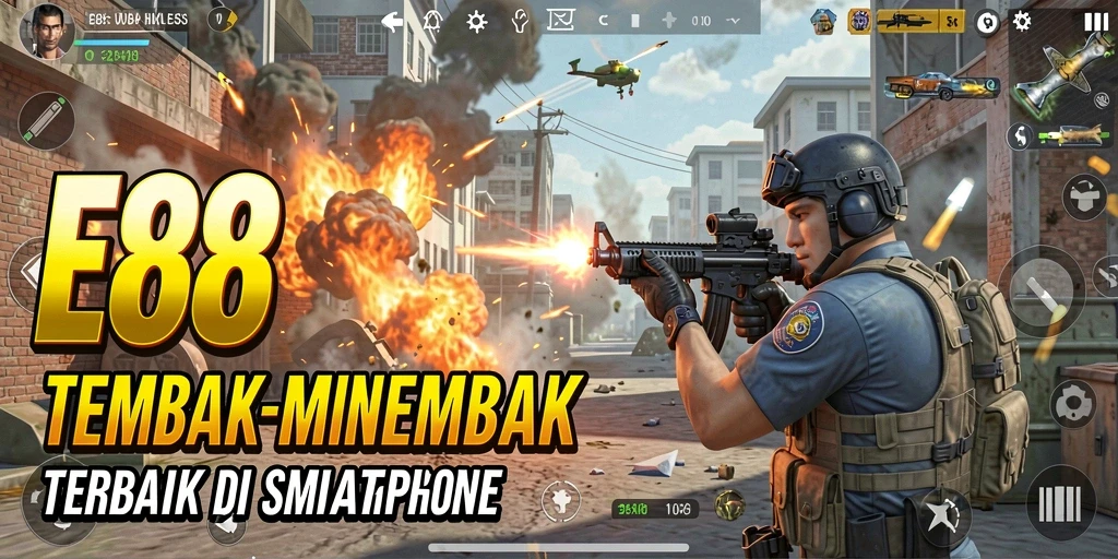Tampilan gameplay E88 yang menegangkan dengan aksi tembak-menembak.