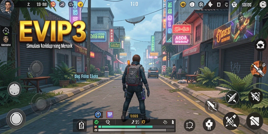 Screenshot utama menunjukkan gameplay interaktif EVIP3 yang penuh warna.