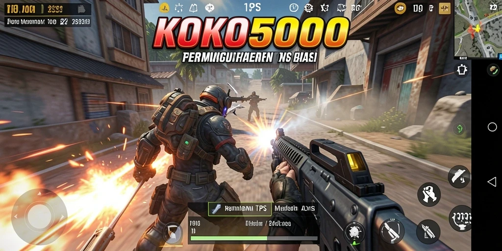 Gameplay KOKO5000 menampilkan aksi tembak-menembak yang intens di lingkungan yang dinamis.