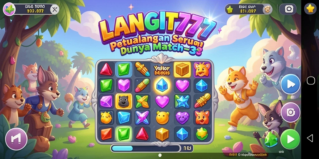 Screenshot LANGIT777 menampilkan gameplay Match-3 yang menarik dan penuh warna.
