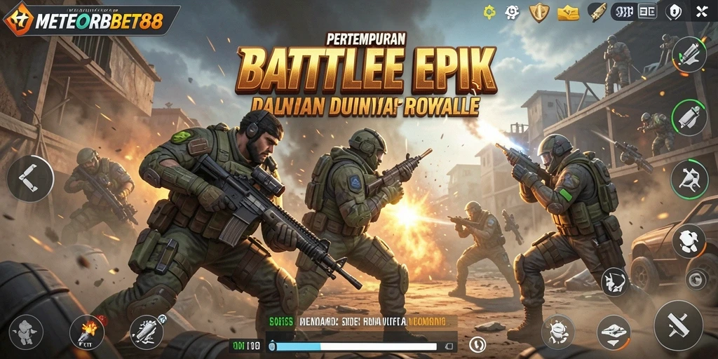 Tangkapan layar gameplay METEORBET88 yang menunjukkan pertempuran intens di arena Battle Royale.