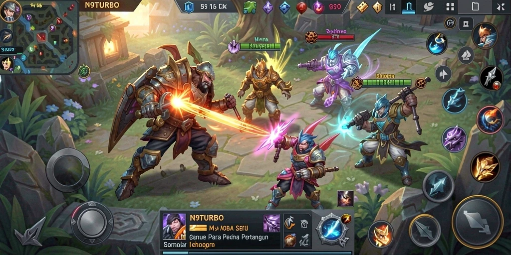 Tampilan gameplay seru dari N9TURBO dengan pertarungan intens.