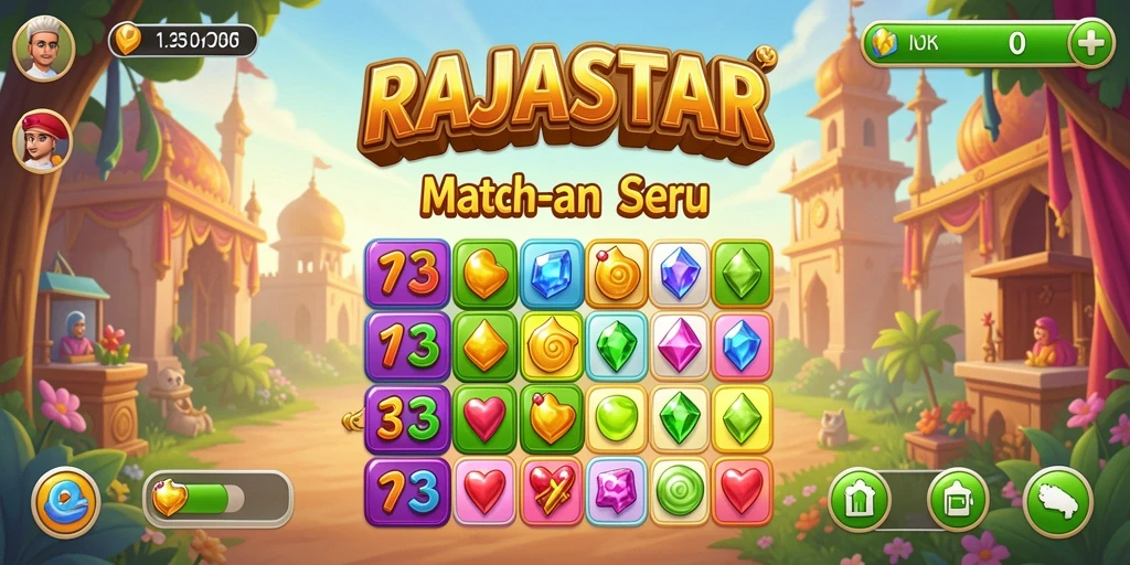 Screenshot gameplay RAJASTAR dengan elemen match-3 yang colorful.