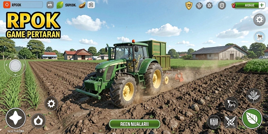Screenshot gameplay RPOK menampilkan pertanian yang subur dan hewan ternak yang bahagia.