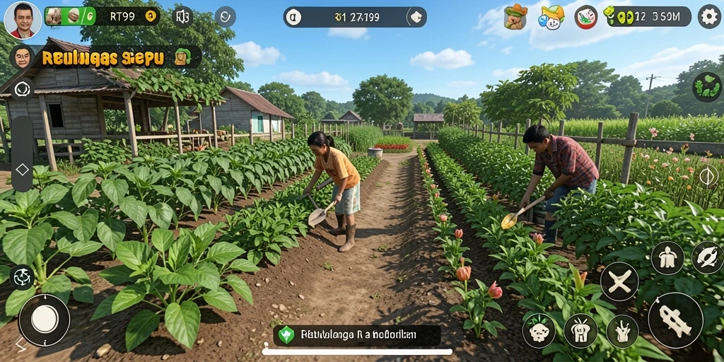 Screenshot RT99 menampilkan gameplay seru dalam berkebun dan beternak.