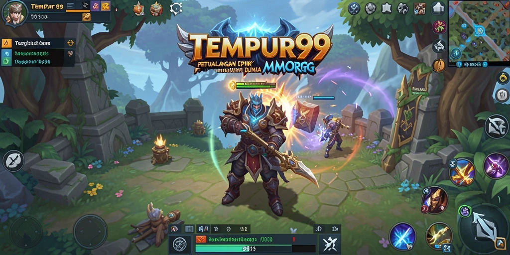 Screenshot utama TEMPUR99 menampilkan pertempuran epik dalam dunia MMORPG yang luas.