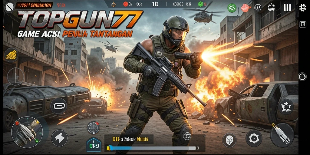 Screenshot gameplay TOPGUN77 menampilkan aksi pertempuran yang mendebarkan.