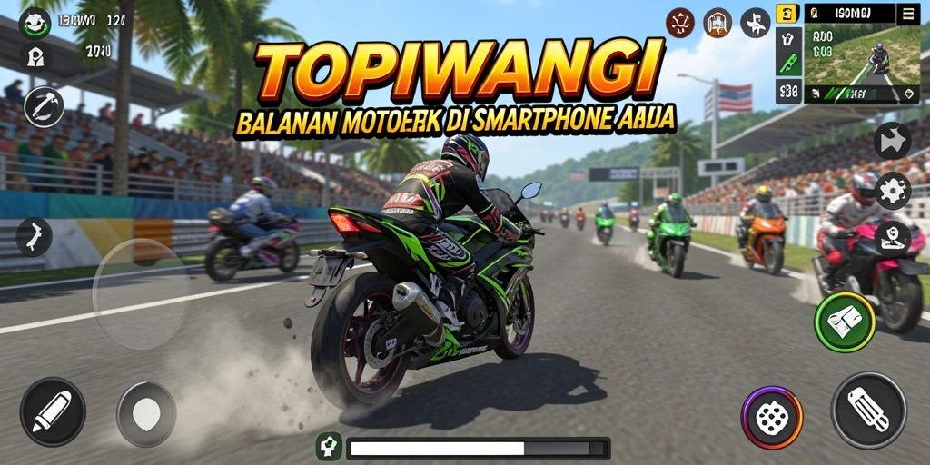 Screenshot utama TOPIWANGI menampilkan aksi balapan motor yang seru.
