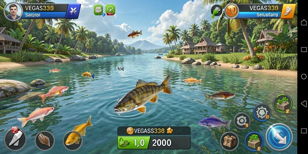 Tampilkan gameplay seru VEGAS338 saat menangkap ikan di laut.
