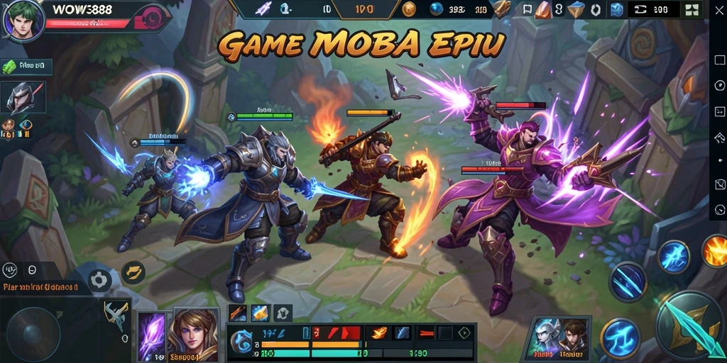 Tangkapan layar WOW388 menampilkan aksi pertempuran intens dalam arena MOBA.